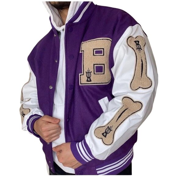 Black Air Varsity Jacket Men’s‎ Purple Snap Button Baseball Bomber Size L - Picture 1 of 14